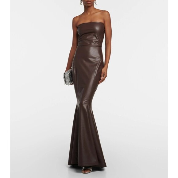 NWT Norma Kamali Strapless Faux Leather Fishtail Gown Chocolate Brown Size L - Picture 5 of 16